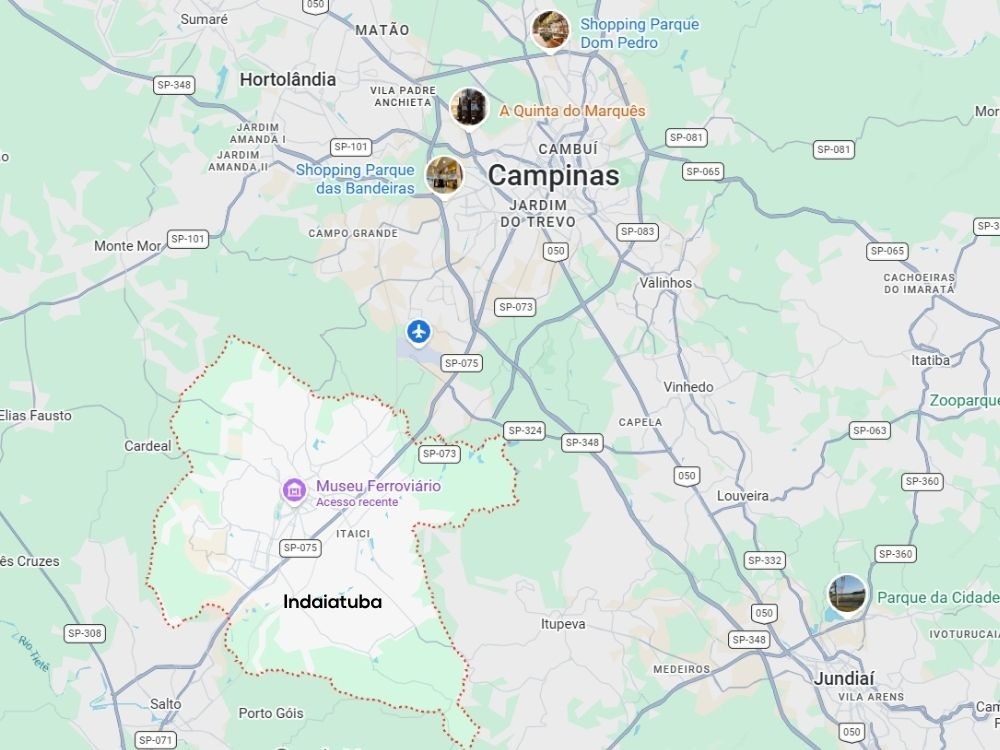 Mapa regional utilizado para demonstrar Indaiatuba fica perto de qual cidade, com destaque para Campinas, Jundiaí e cidades próximas.