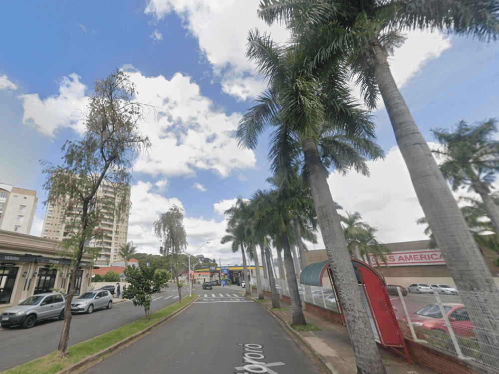 Via arborizada com palmeiras, comércios e circulação de veículos, destacando os espaços urbanos do Centro de Indaiatuba.